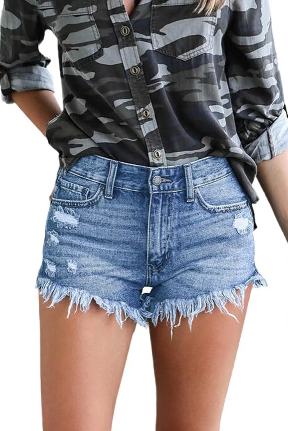 Blue Raw Hem Distressed Washed Denim Low Rise Jean Shorts For Women