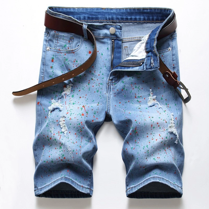 Men Prime S Straight Washing Point Printed Jeans Denim Shorts