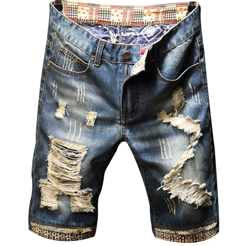 New Style Retro Ripped Short Jeans Men S Straight Slim Shorts